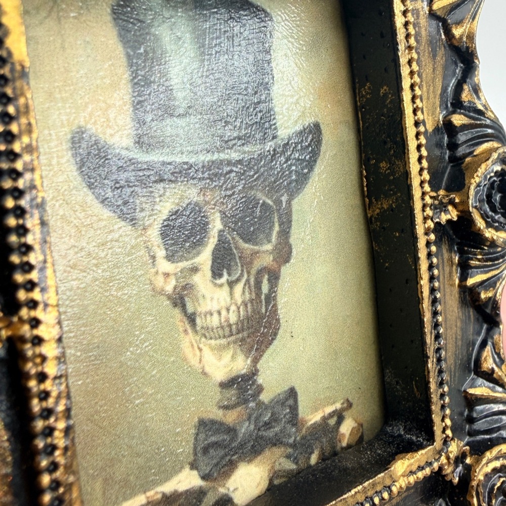 Gothic Skeleton Gentleman Art Print in Ornate Black and Gold Resin Frame 4x5 - Picture 5 of 5